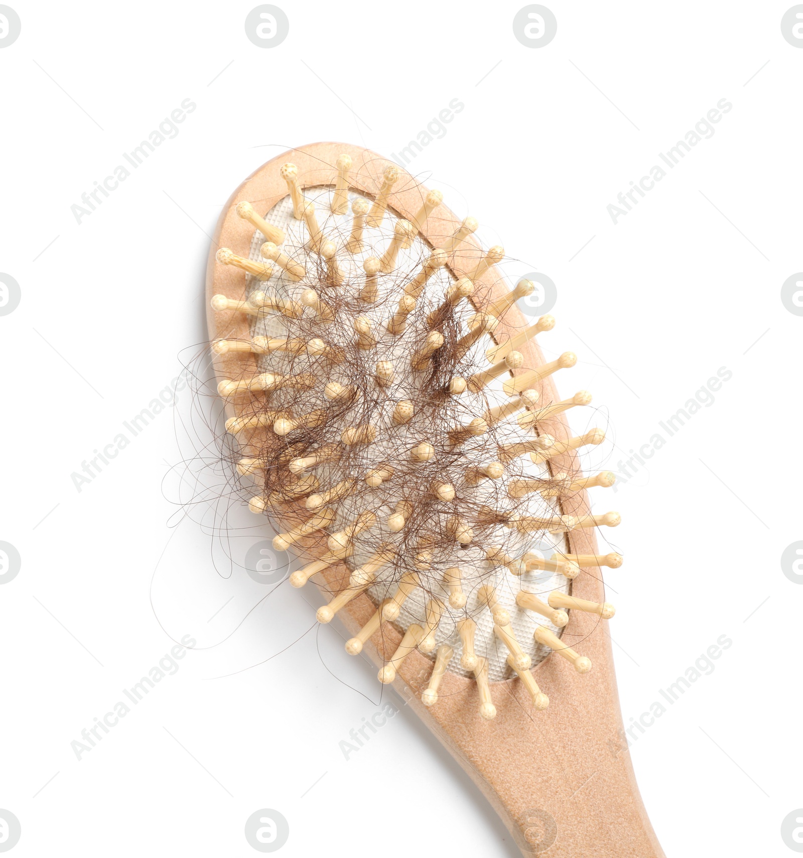 Photo of One brush with lost hair isolated on white, top view