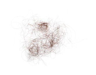 Photo of Pile of lost hair isolated on white, top view