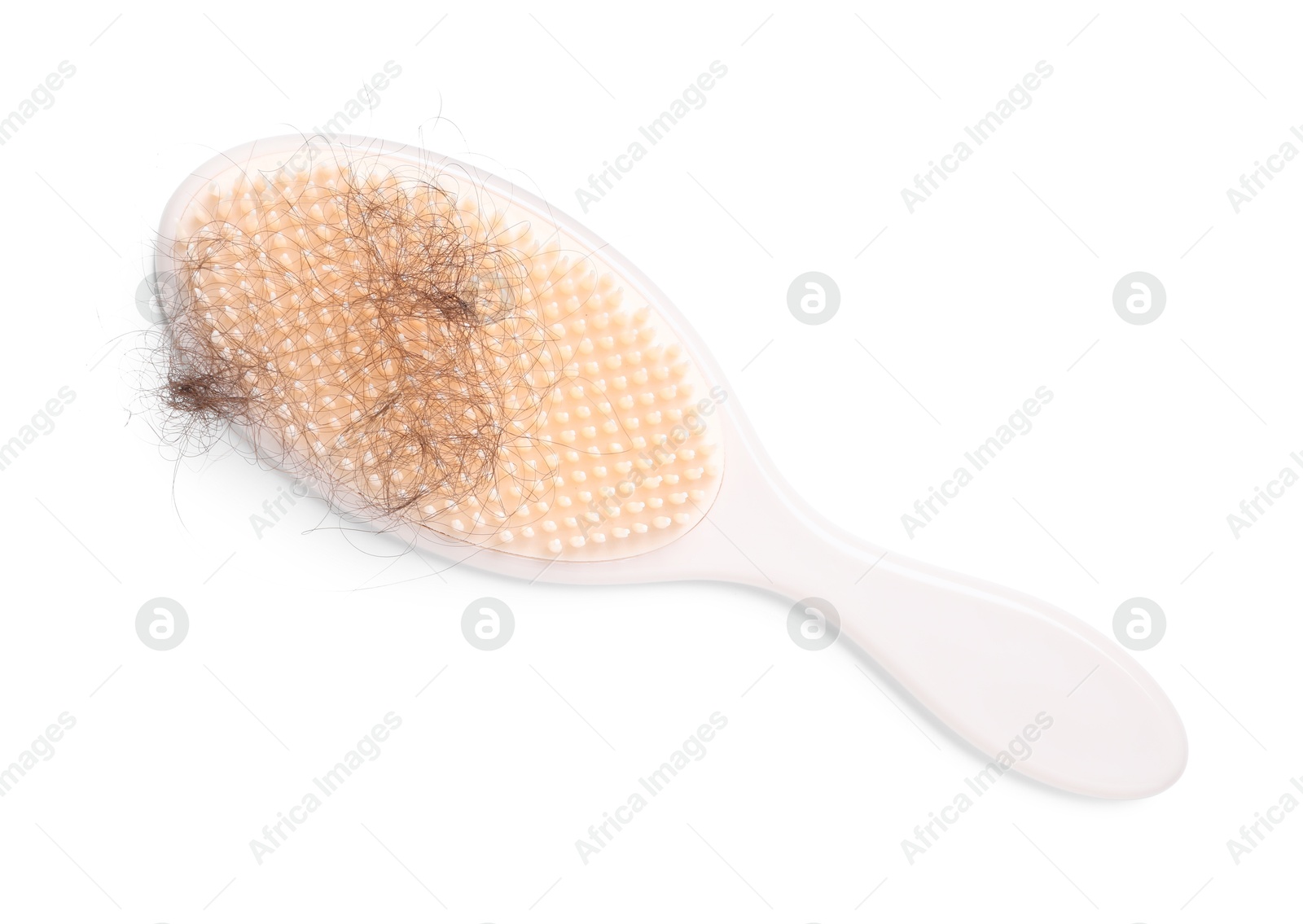 Photo of One brush with lost hair isolated on white, top view