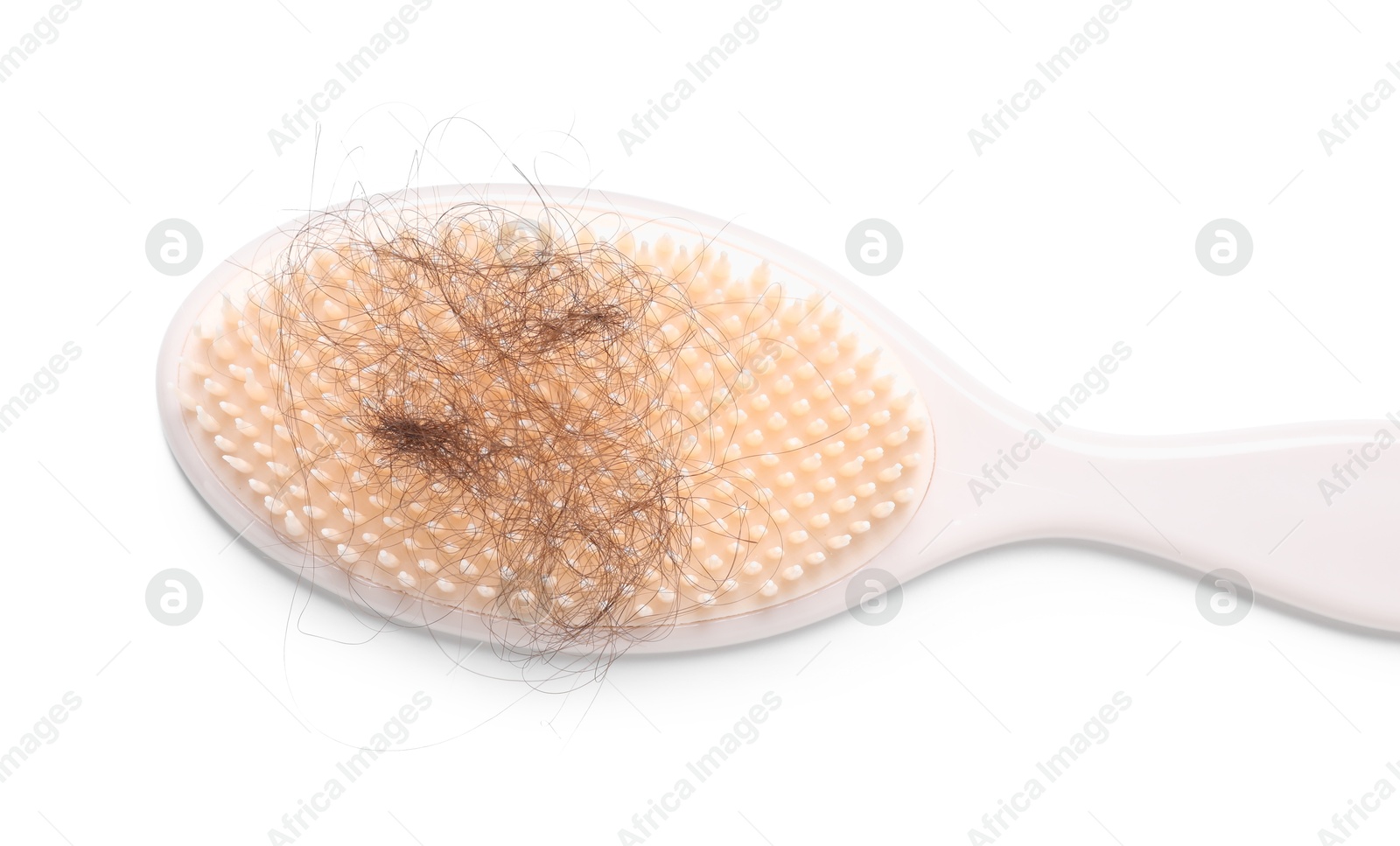 Photo of One brush with lost hair isolated on white, top view