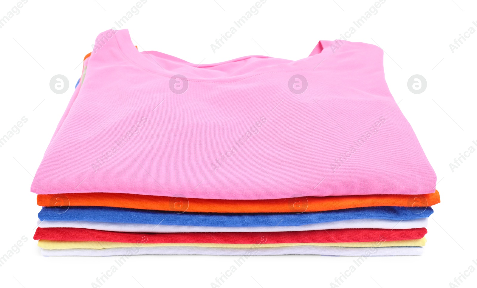 Photo of Stack of colorful clothes isolated on white