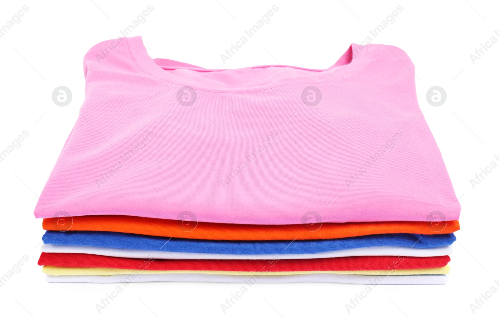 Photo of Stack of colorful clothes isolated on white