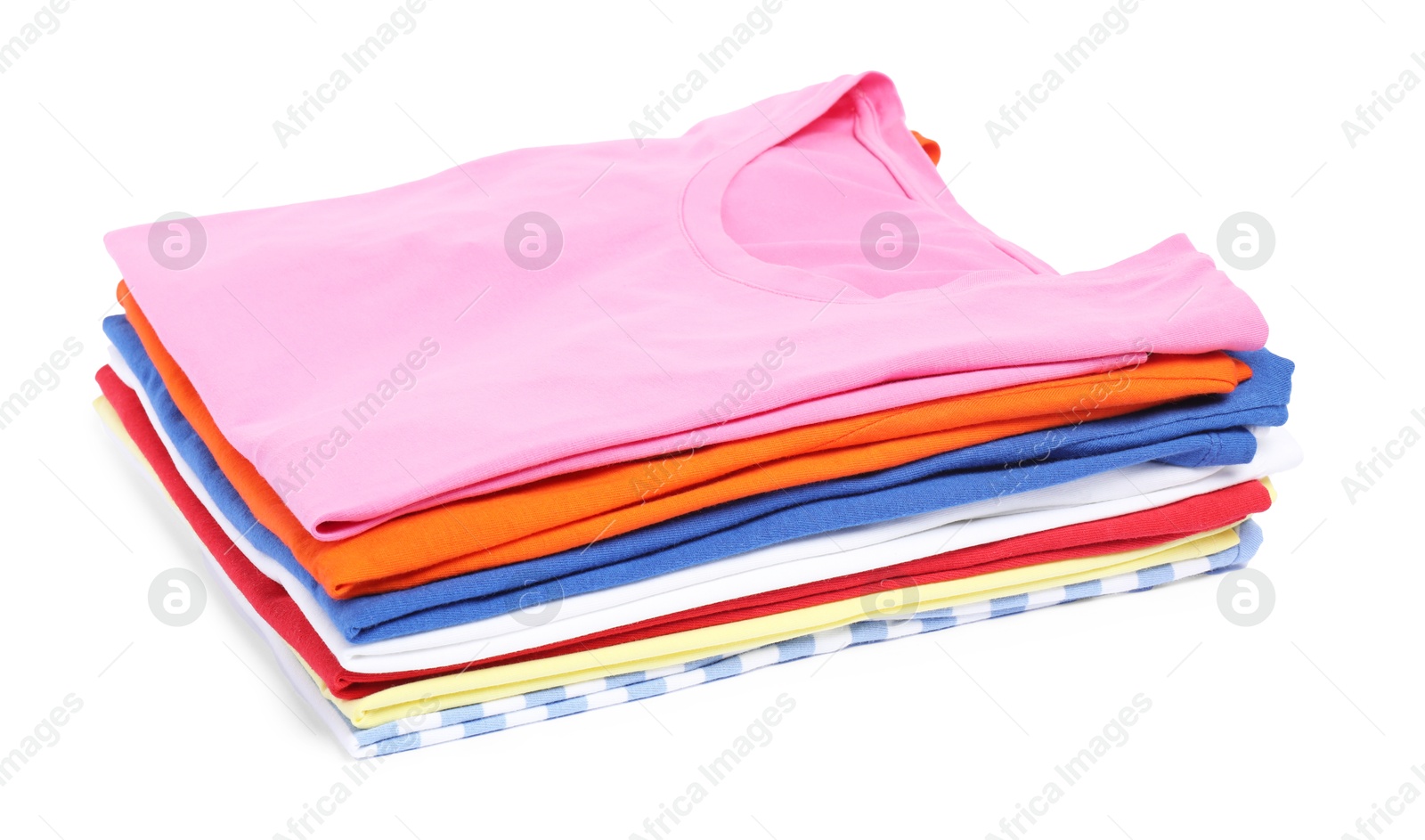 Photo of Stack of colorful clothes isolated on white