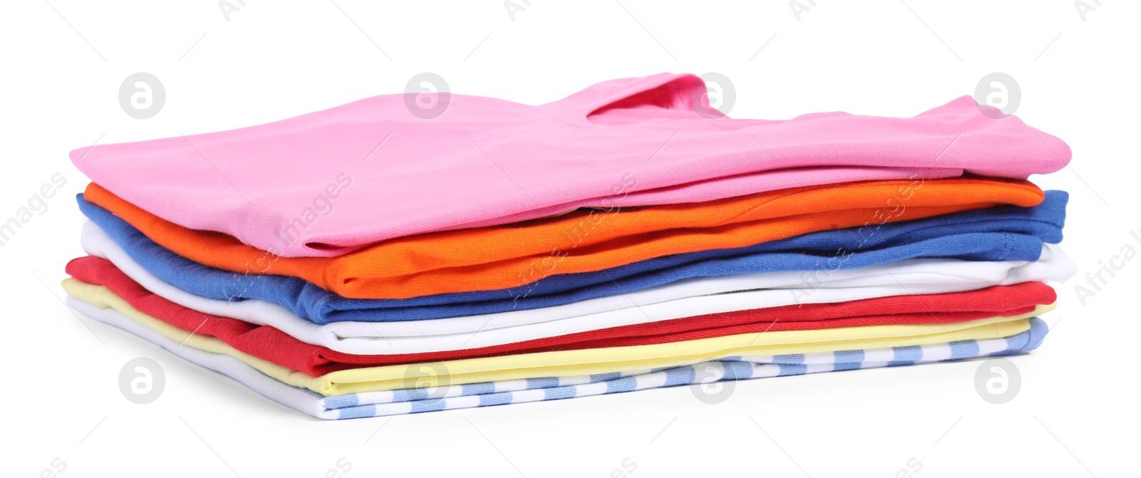 Photo of Stack of colorful clothes isolated on white