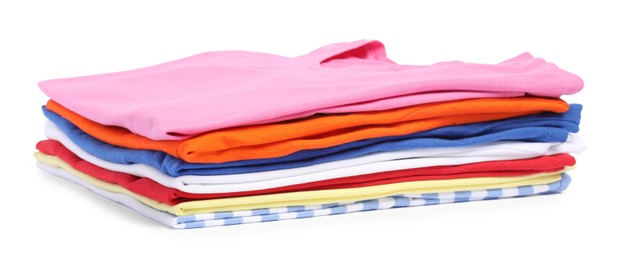 Photo of Stack of colorful clothes isolated on white