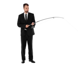 Businessman with rod fishing on white background