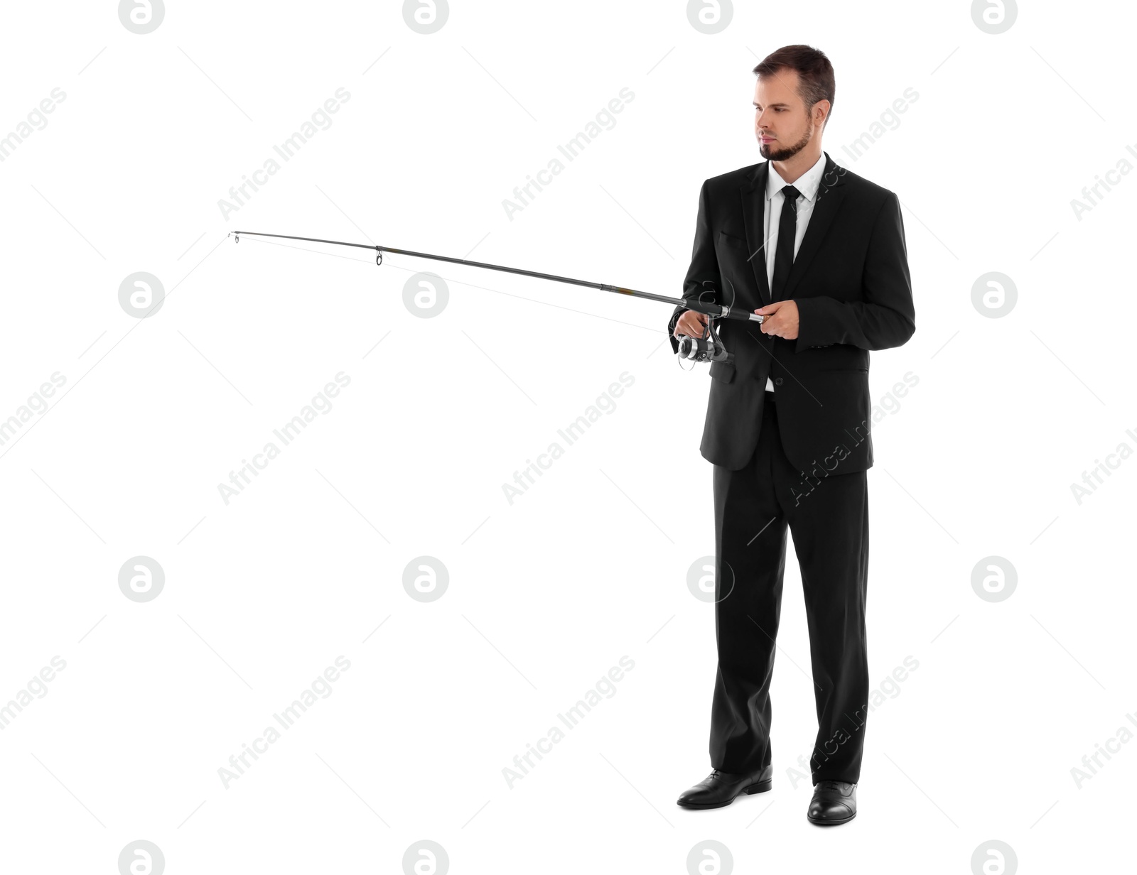 Photo of Businessman with rod fishing on white background