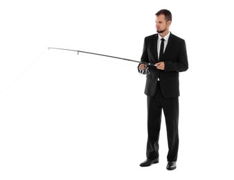 Businessman with rod fishing on white background