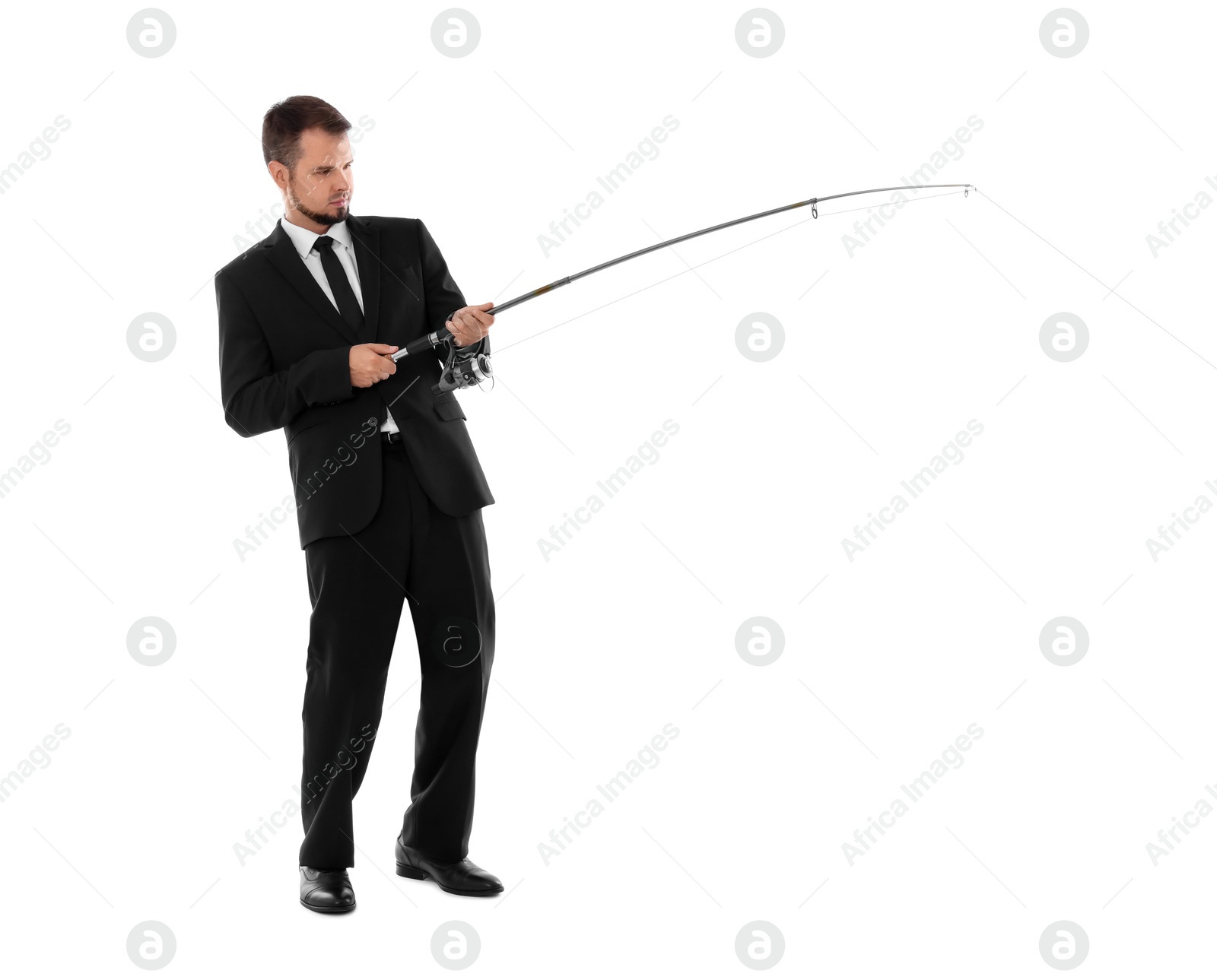 Photo of Businessman with rod fishing on white background