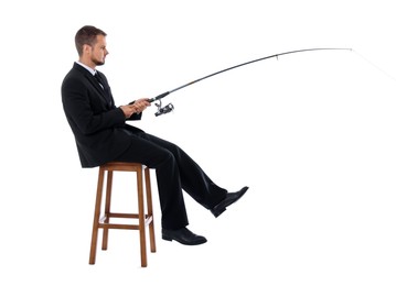 Businessman with rod fishing on chair against white background