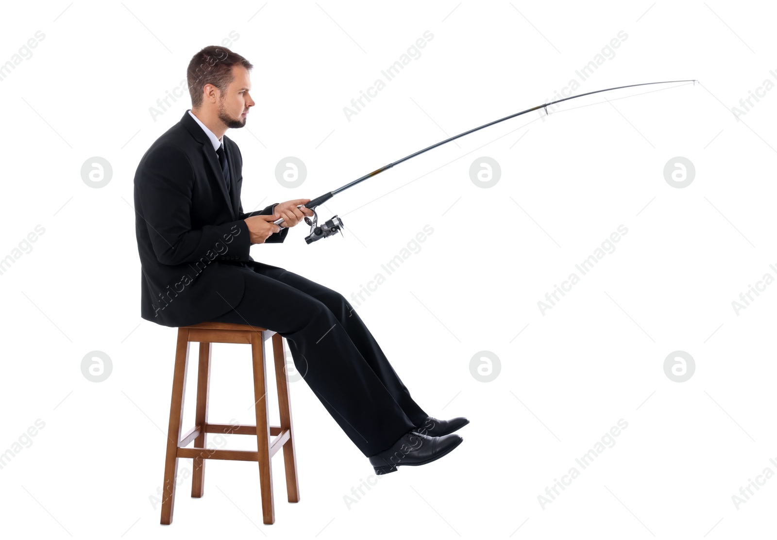 Photo of Businessman with rod fishing on chair against white background