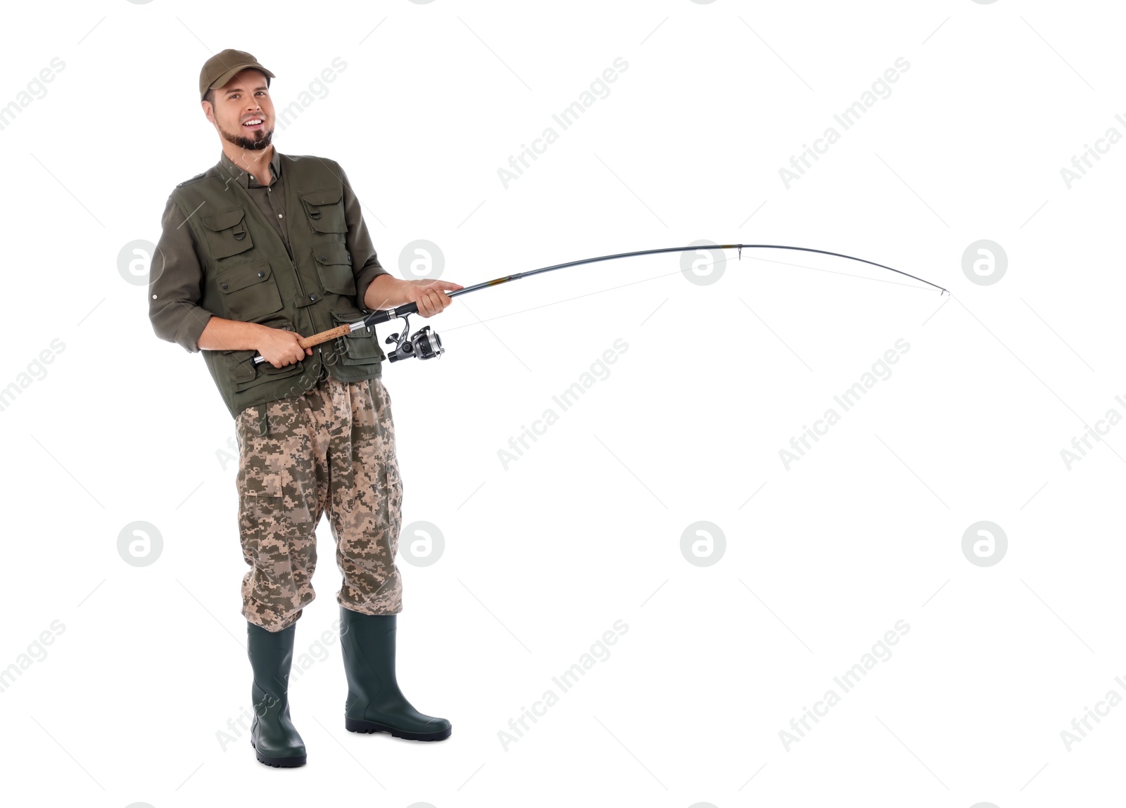 Photo of Smiling fisherman with rod fishing on white background