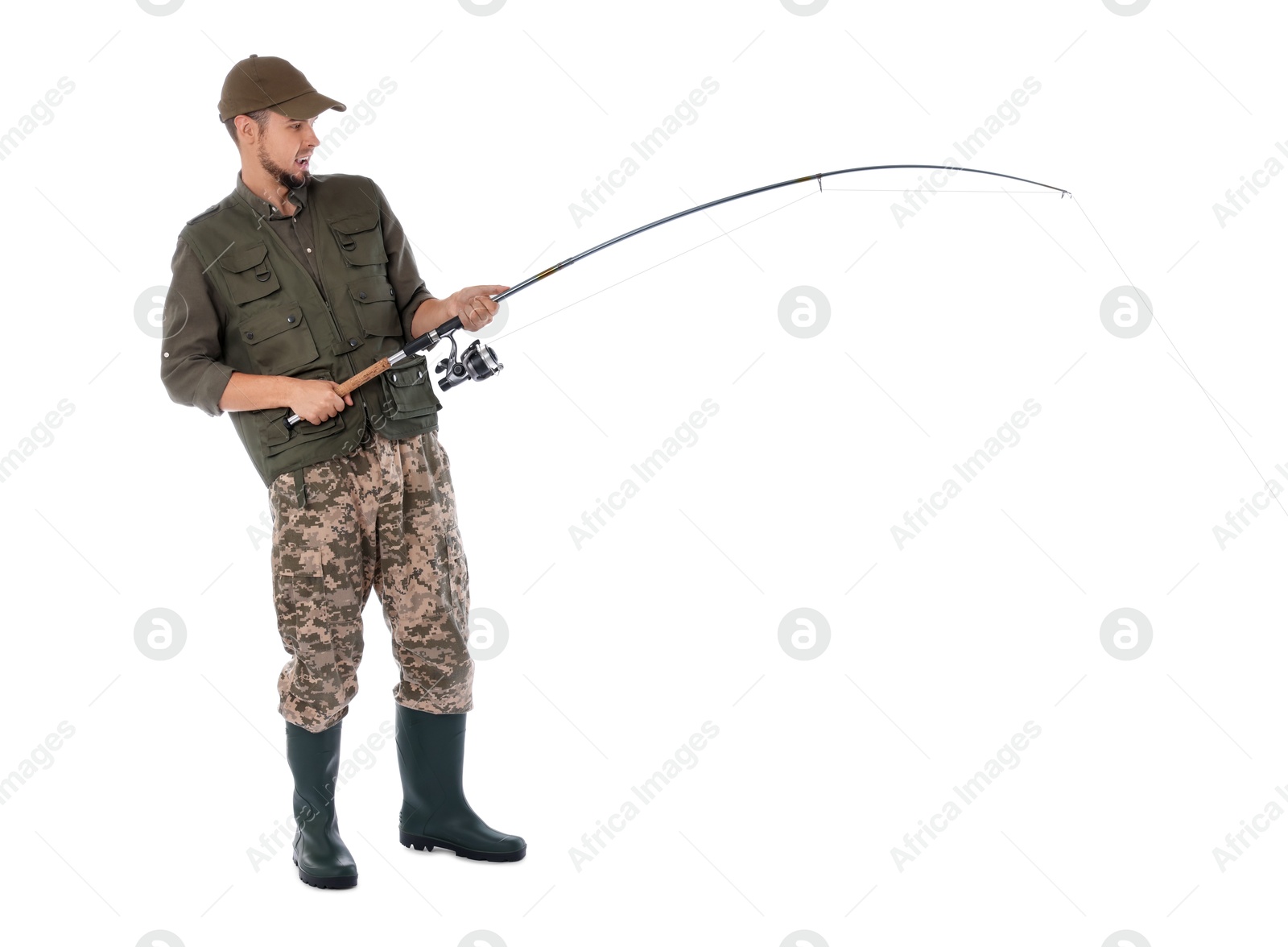 Photo of Fisherman with rod fishing on white background