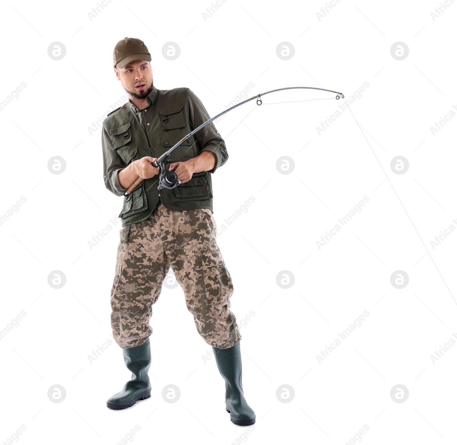 Photo of Emotional fisherman with rod fishing on white background