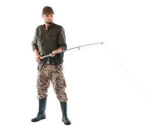 Fisherman with rod fishing on white background