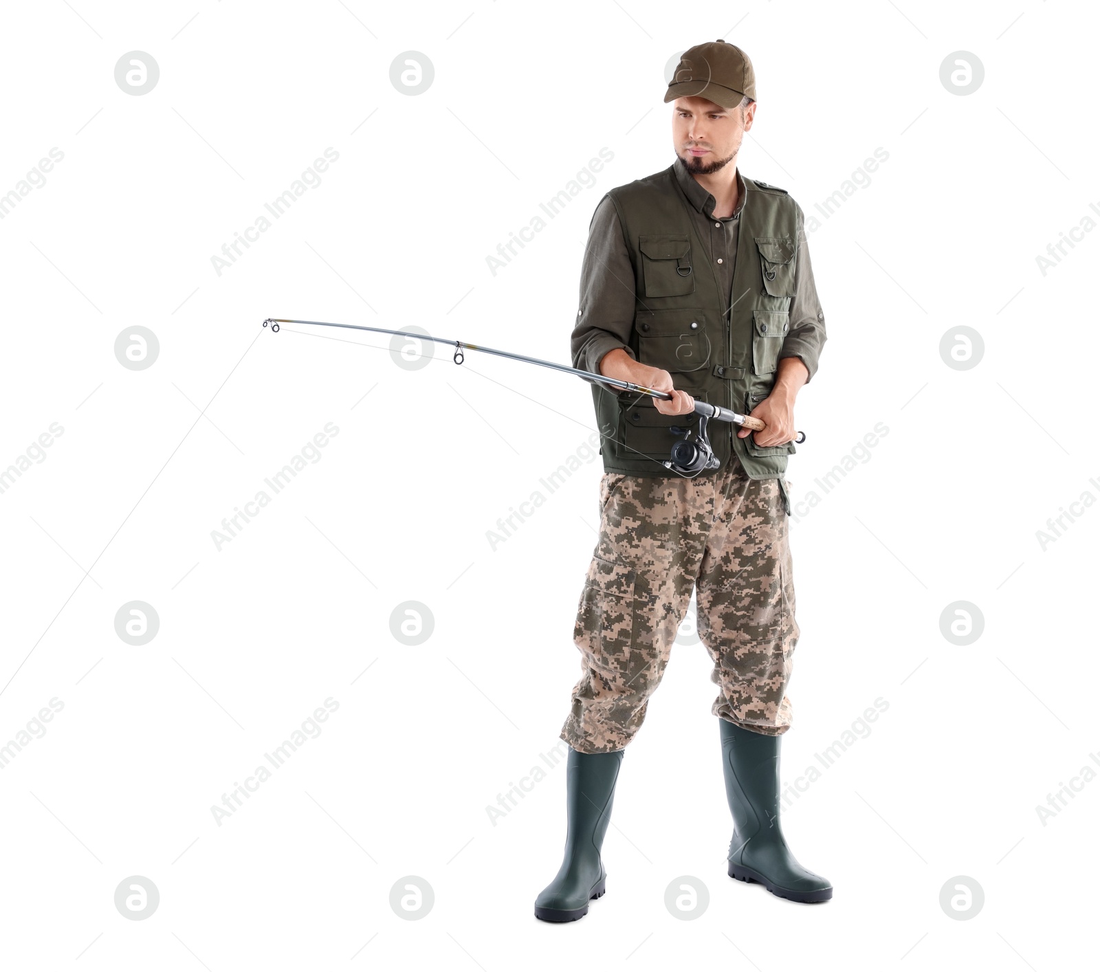 Photo of Fisherman with rod fishing on white background