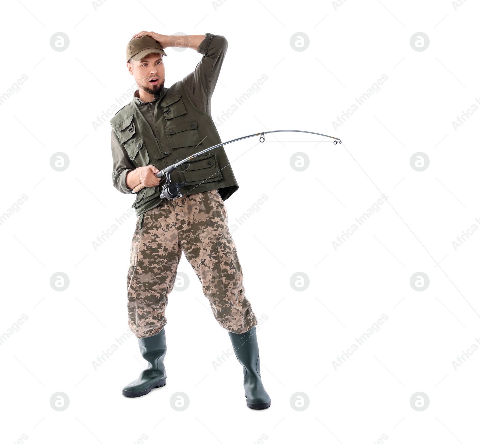 Photo of Emotional fisherman with rod fishing on white background