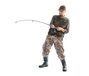 Photo of Fisherman with rod fishing on white background