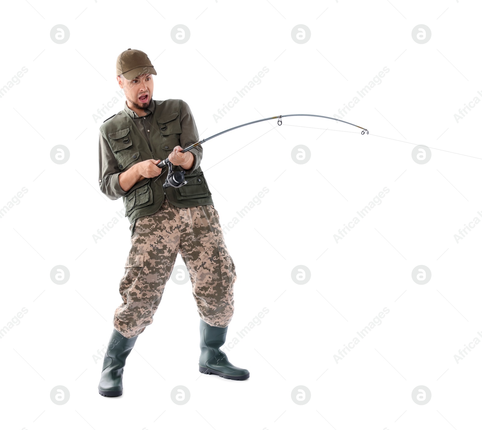 Photo of Emotional fisherman with rod fishing on white background