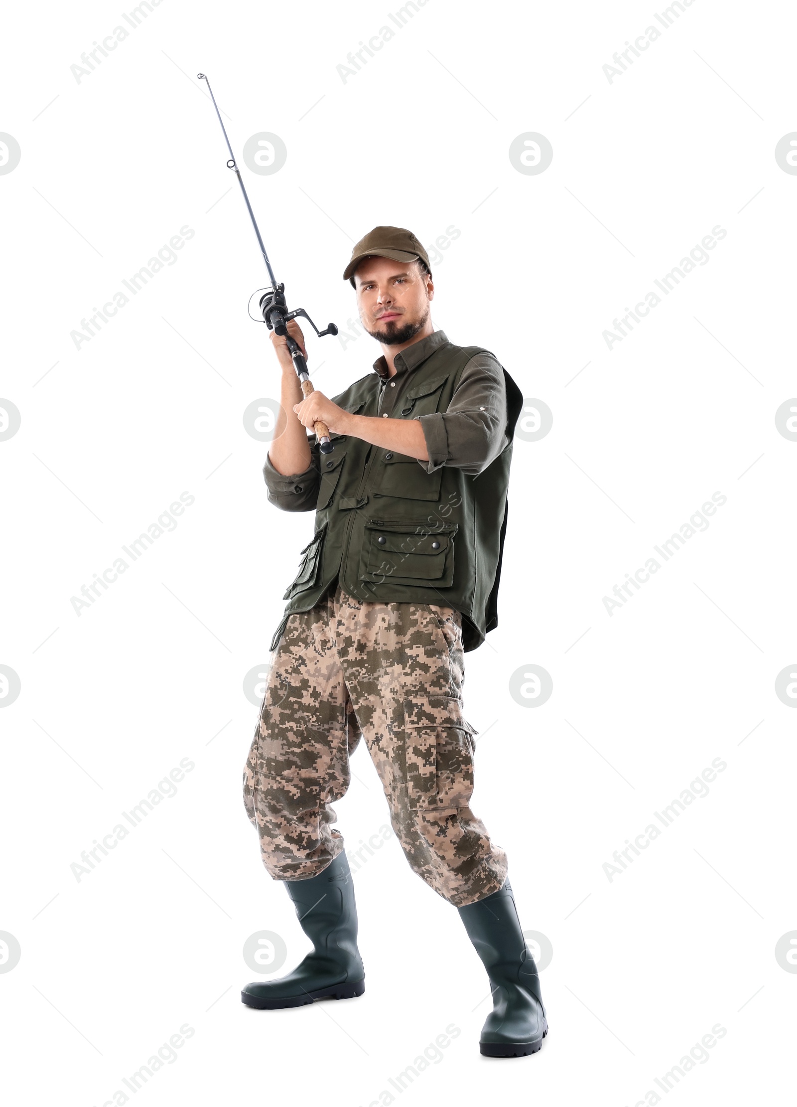 Photo of Fisherman with rod fishing on white background