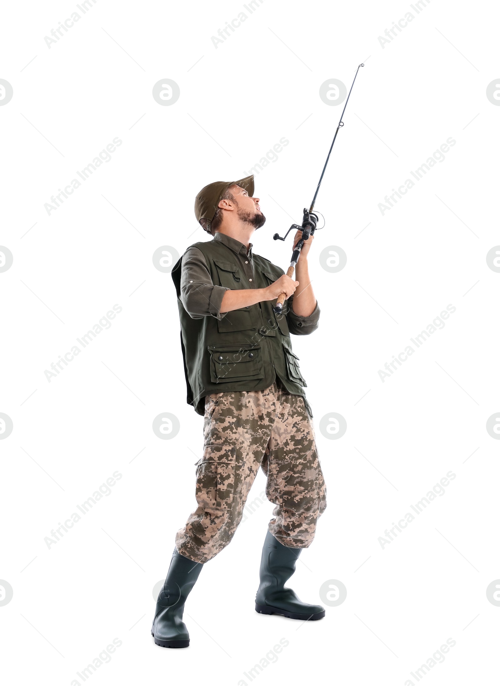 Photo of Fisherman with rod fishing on white background