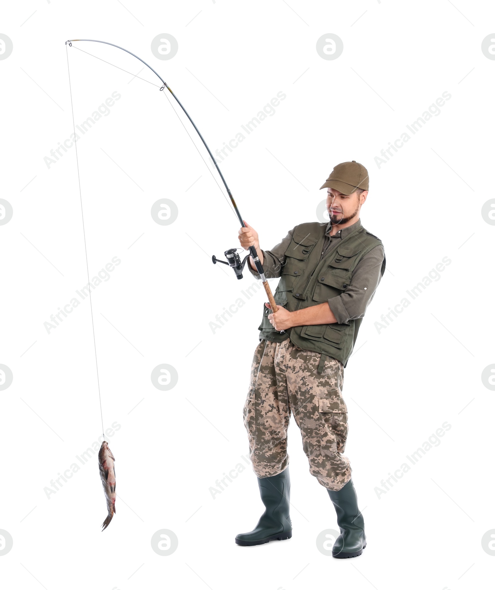 Photo of Fisherman with rod and caught fish isolated on white