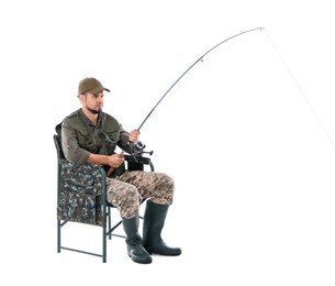 Fisherman with rod fishing on chair against white background