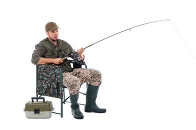 Photo of Fisherman with rod and tackle box fishing on chair against white background