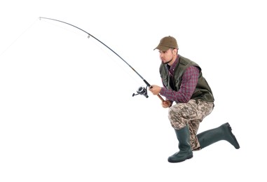 Photo of Fisherman with rod fishing on white background