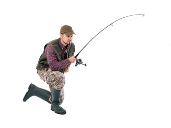 Photo of Fisherman with rod fishing on white background