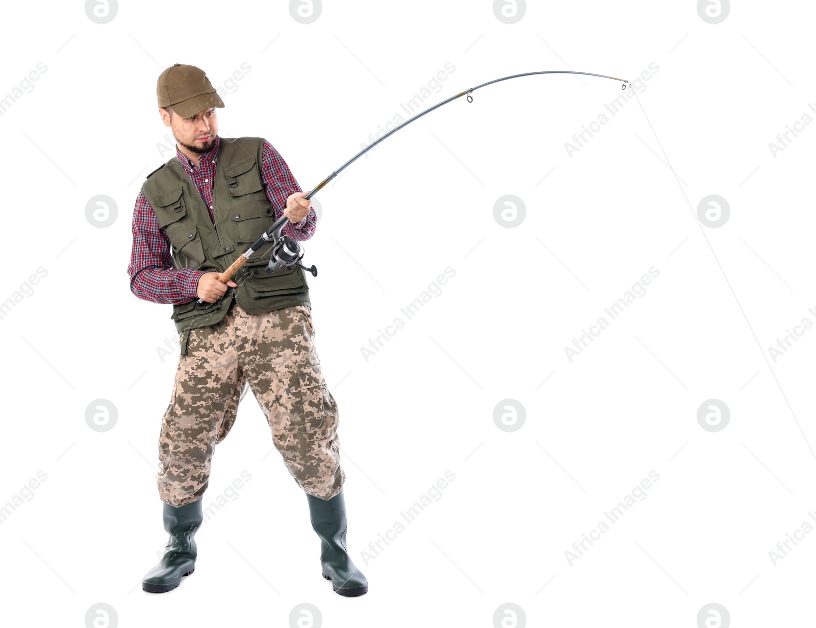 Photo of Fisherman with rod fishing on white background