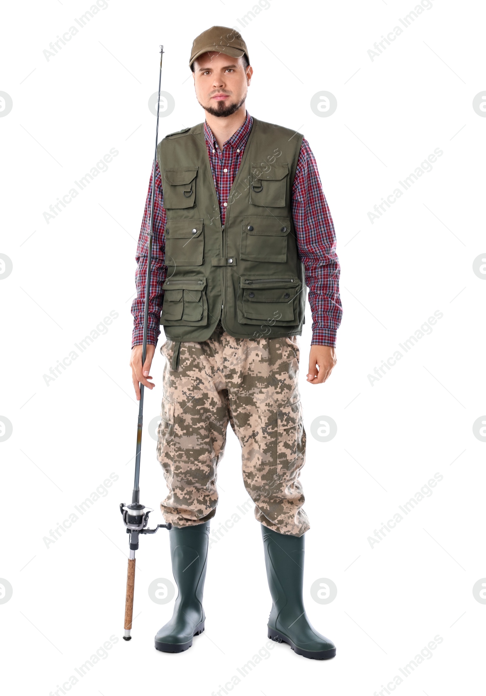 Photo of Young fisherman with rod isolated on white