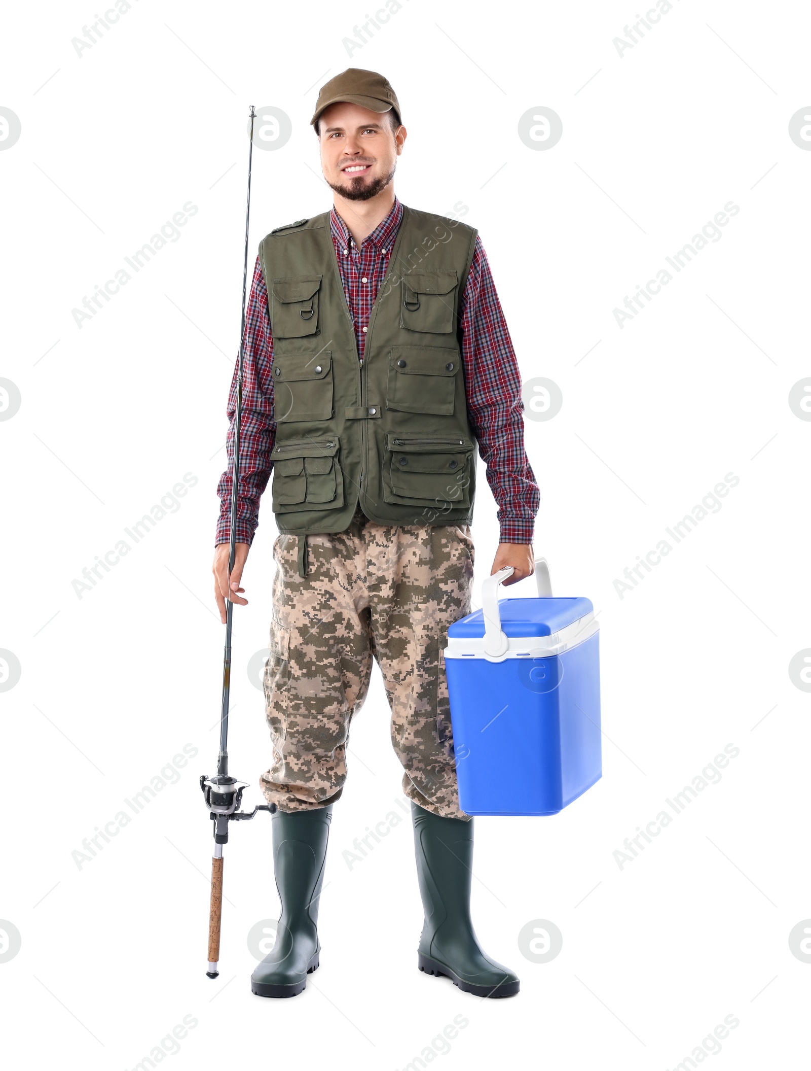 Photo of Smiling fisherman with rod and cooler box isolated on white