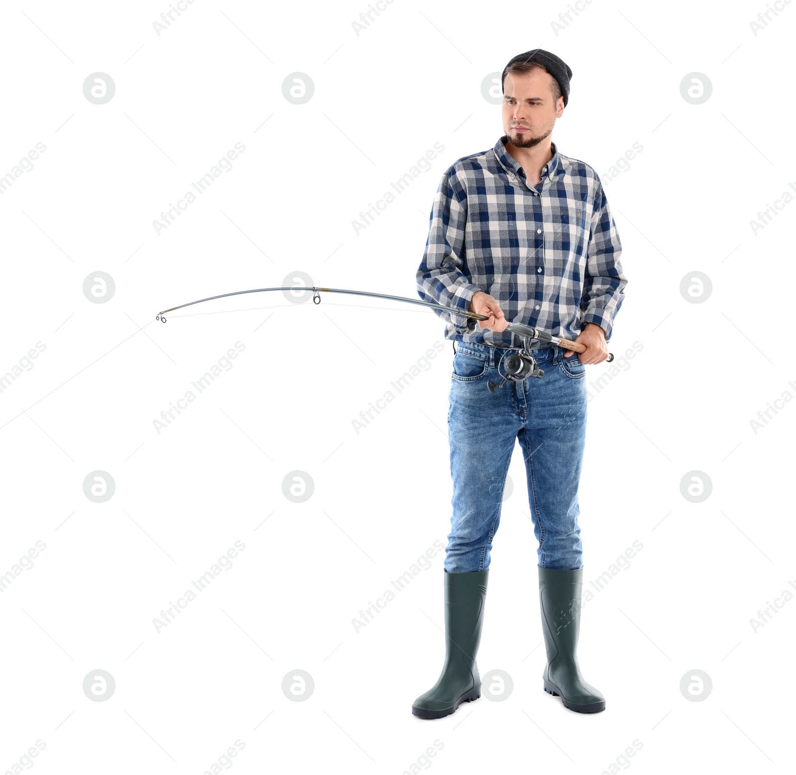 Photo of Fisherman with rod fishing on white background