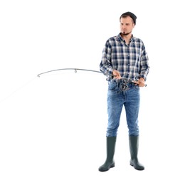 Photo of Fisherman with rod fishing on white background