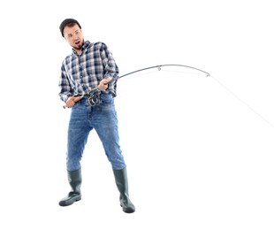 Emotional fisherman with rod fishing on white background