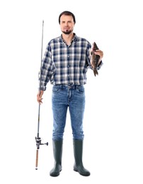 Photo of Fisherman with rod and caught fish isolated on white