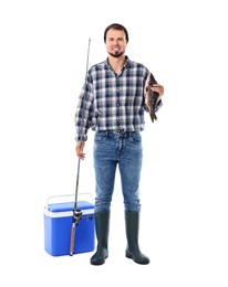 Photo of Smiling fisherman with rod, cooler box and caught fish isolated on white