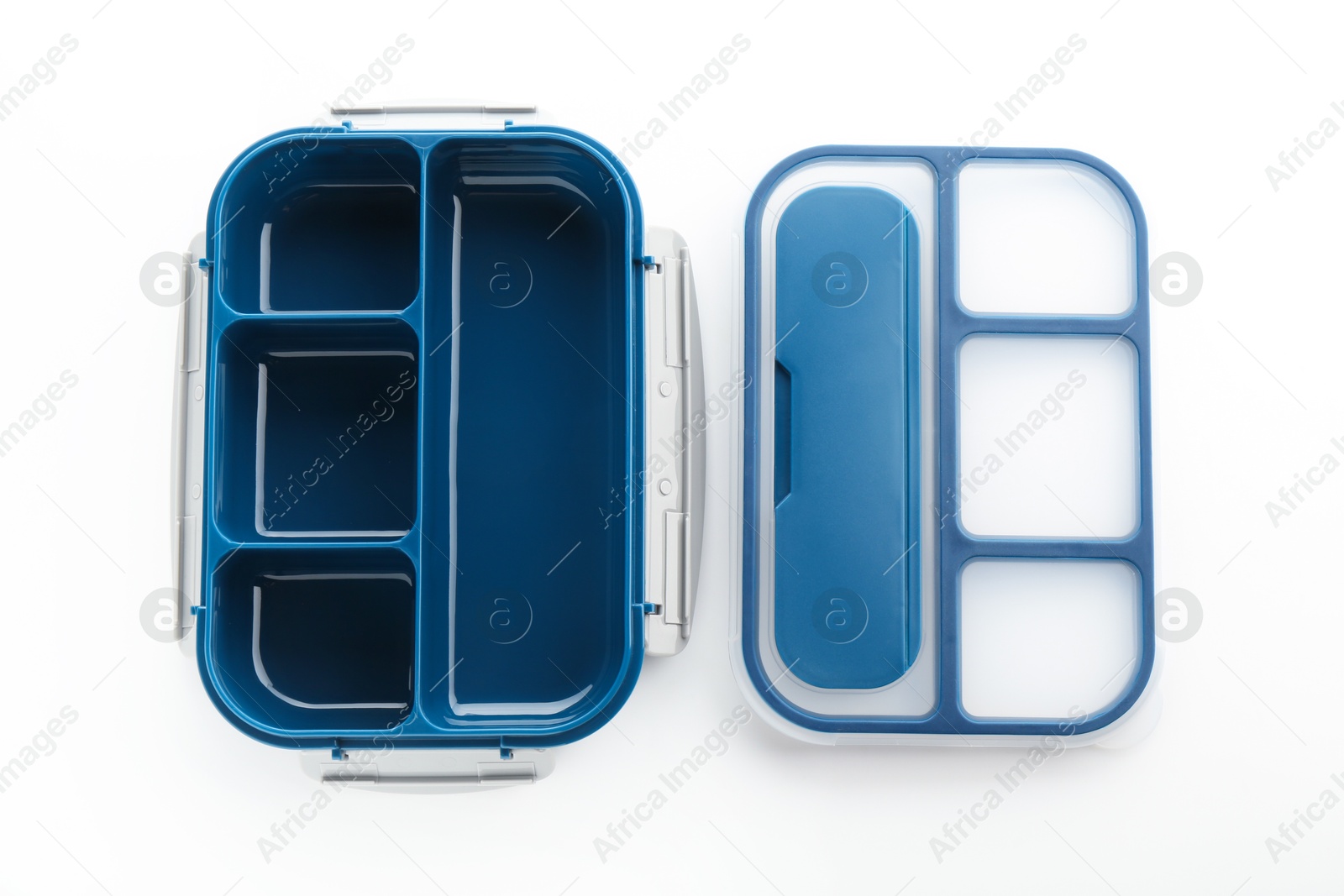 Photo of Plastic lunch box and lid isolated on white, top view