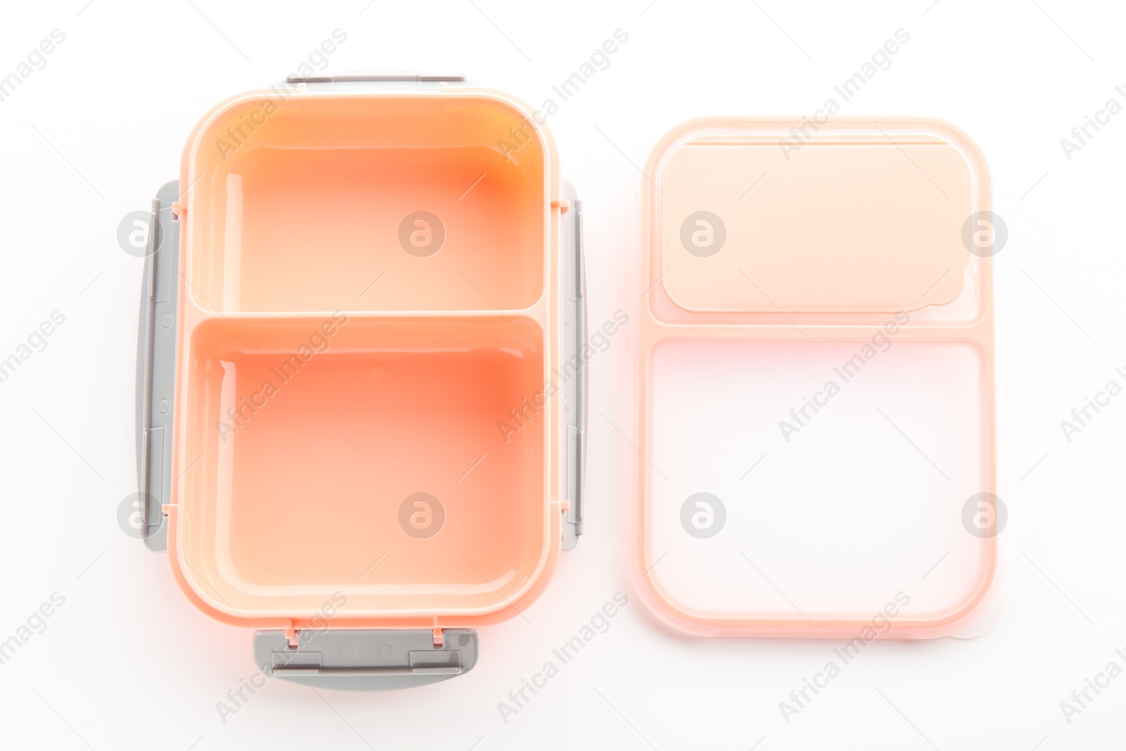 Photo of Plastic lunch box and lid isolated on white, top view