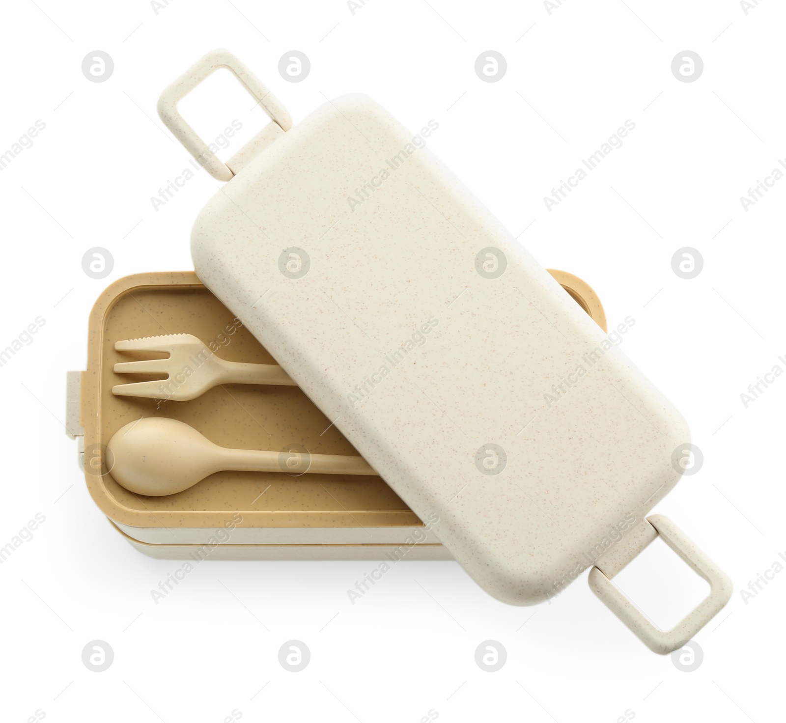 Photo of Plastic lunch box with cutlery and lid isolated on white, top view