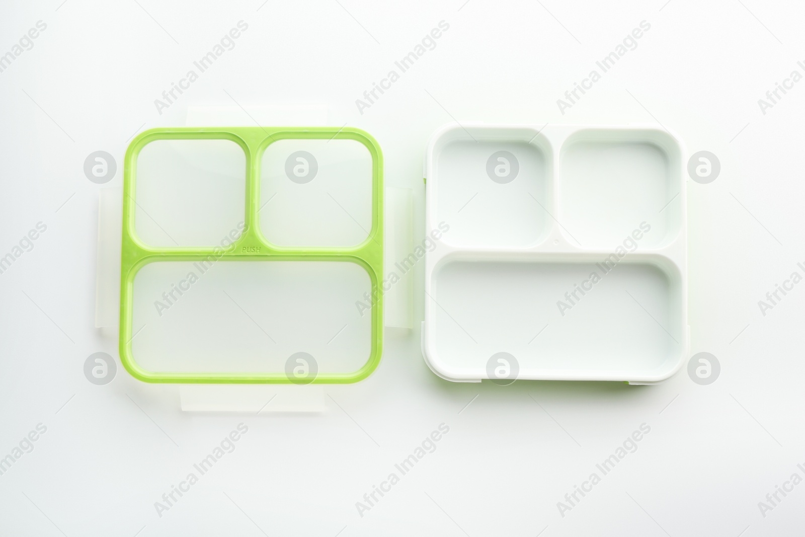 Photo of Plastic lunch box and lid isolated on white, top view