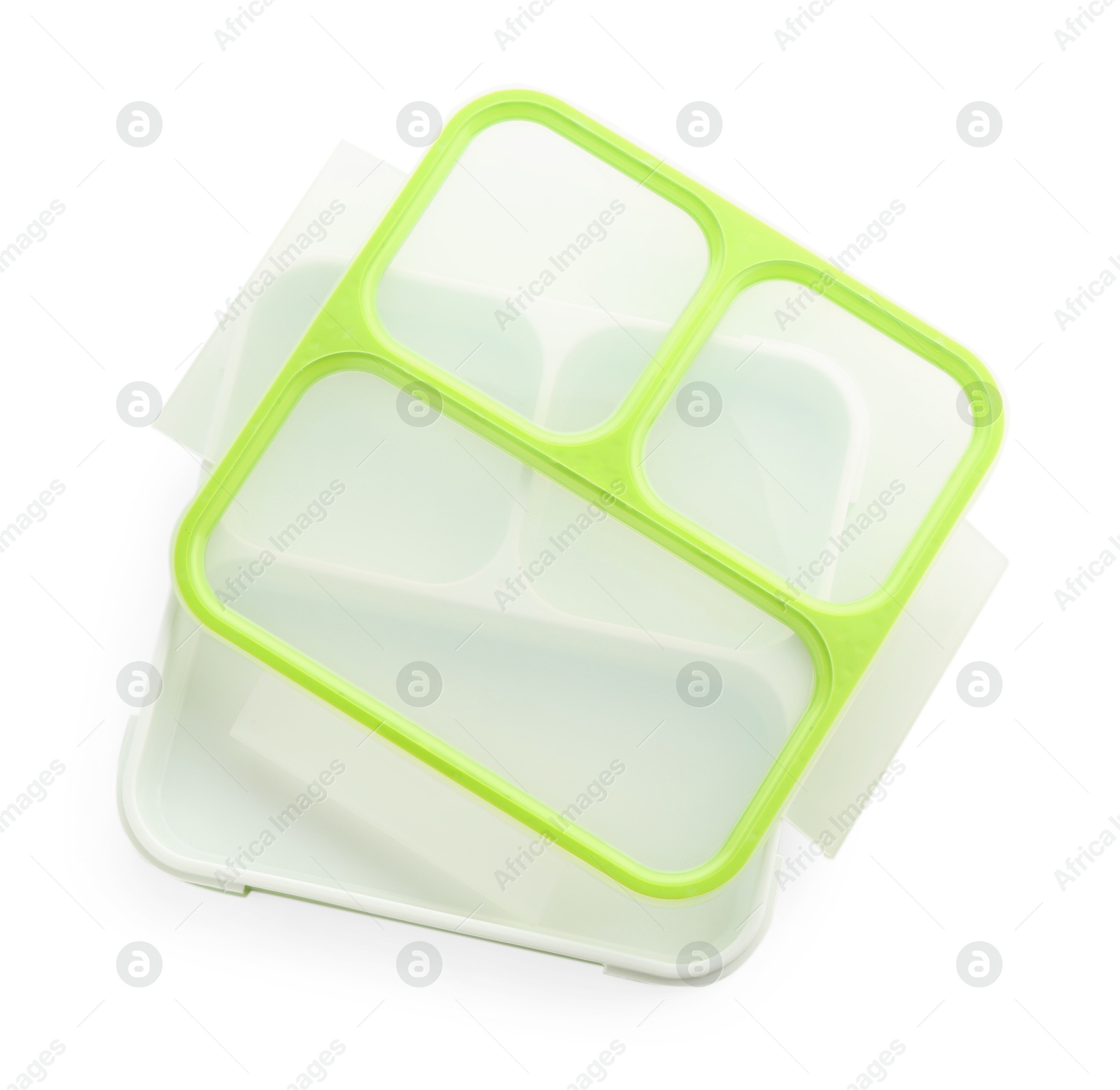 Photo of Plastic lunch box and lid isolated on white, top view