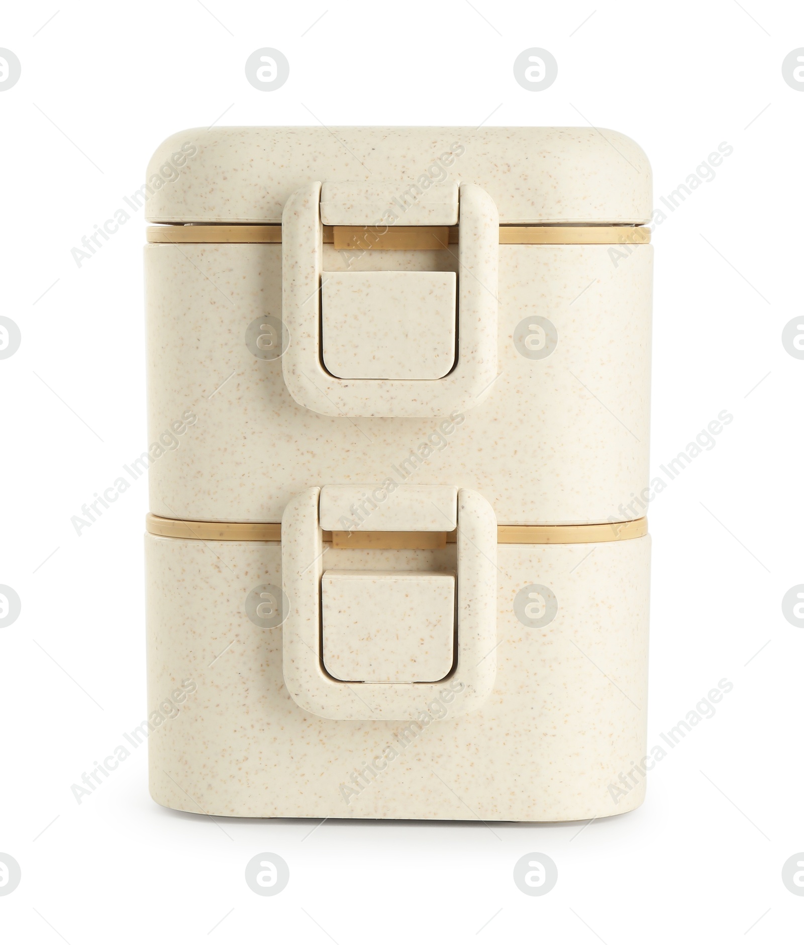 Photo of Beige plastic lunch boxes isolated on white