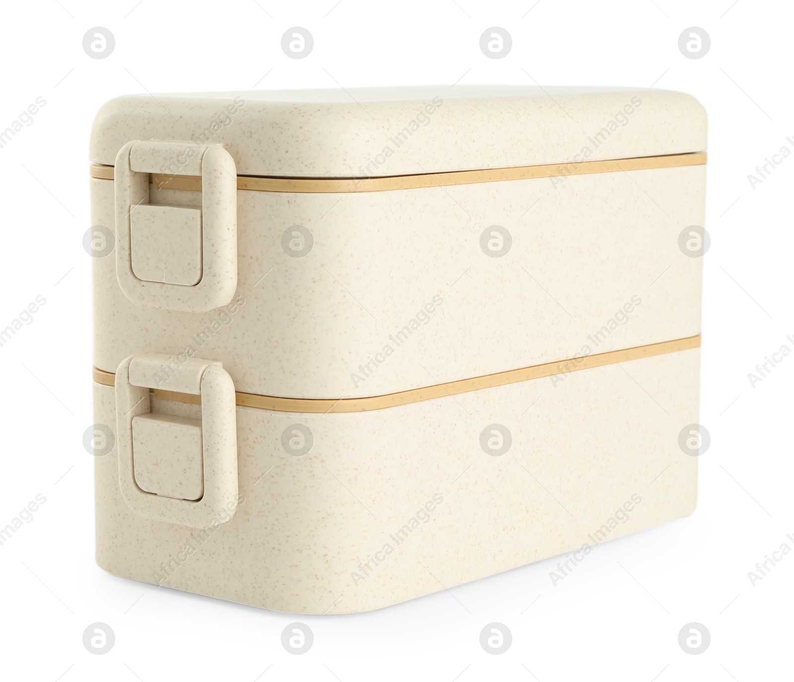 Photo of Beige plastic lunch boxes isolated on white