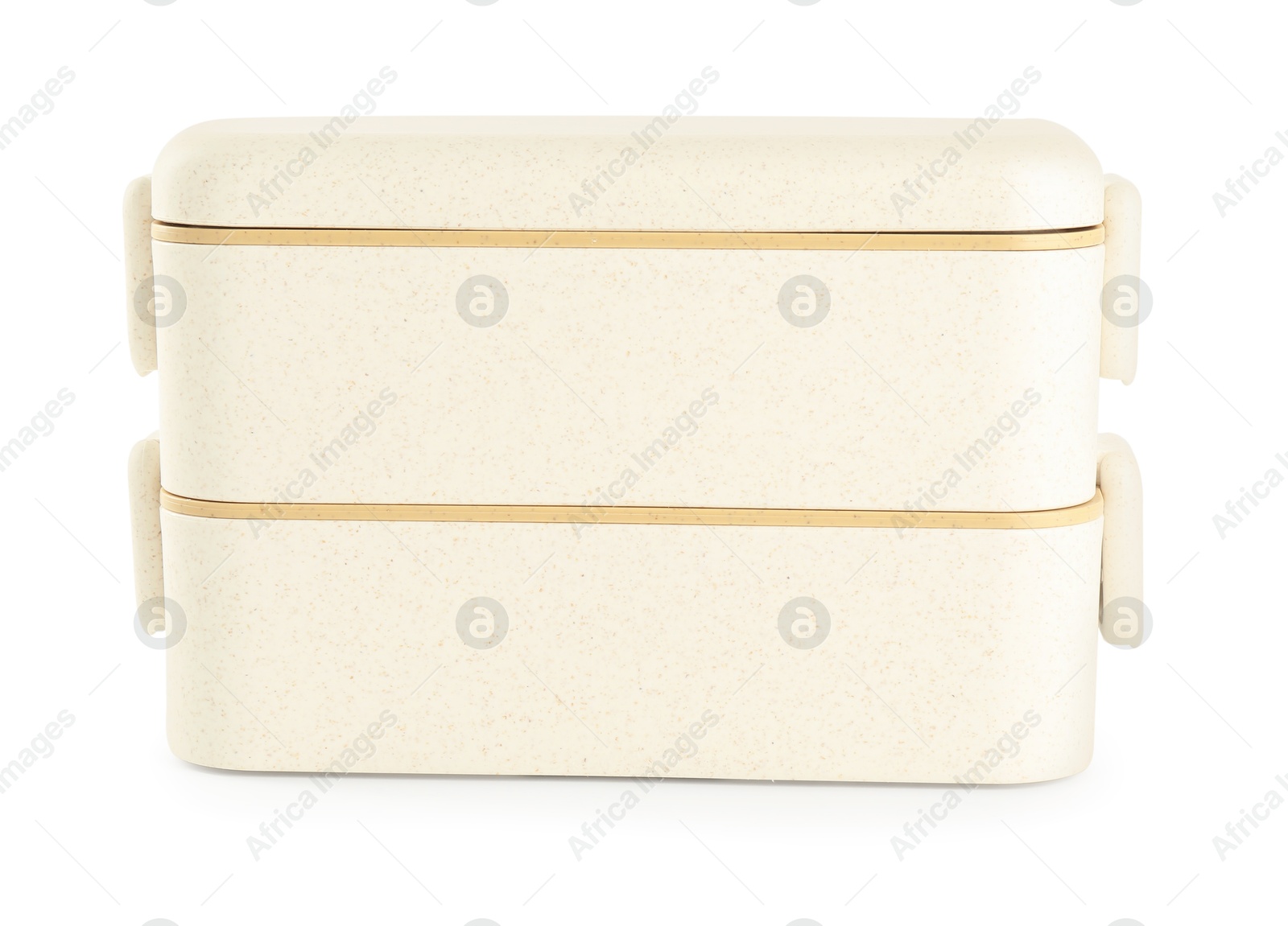 Photo of Beige plastic lunch boxes isolated on white