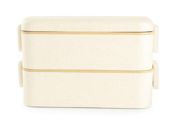 Photo of Beige plastic lunch boxes isolated on white