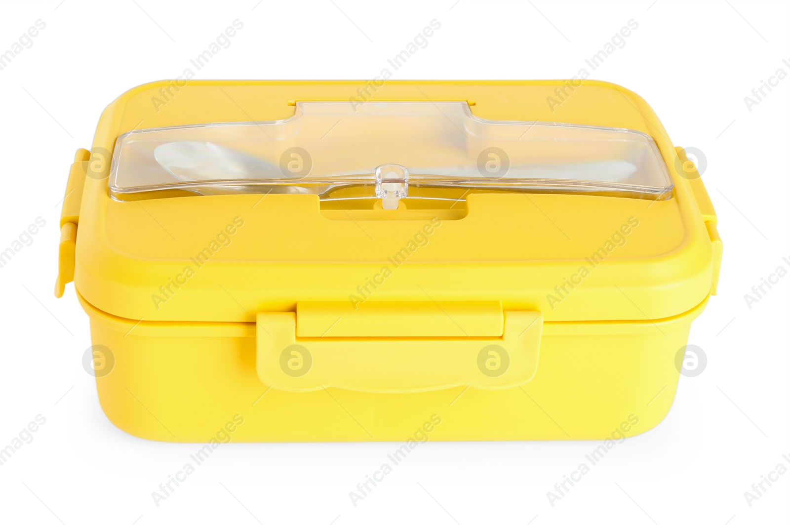 Photo of Plastic lunch box with cutlery isolated on white