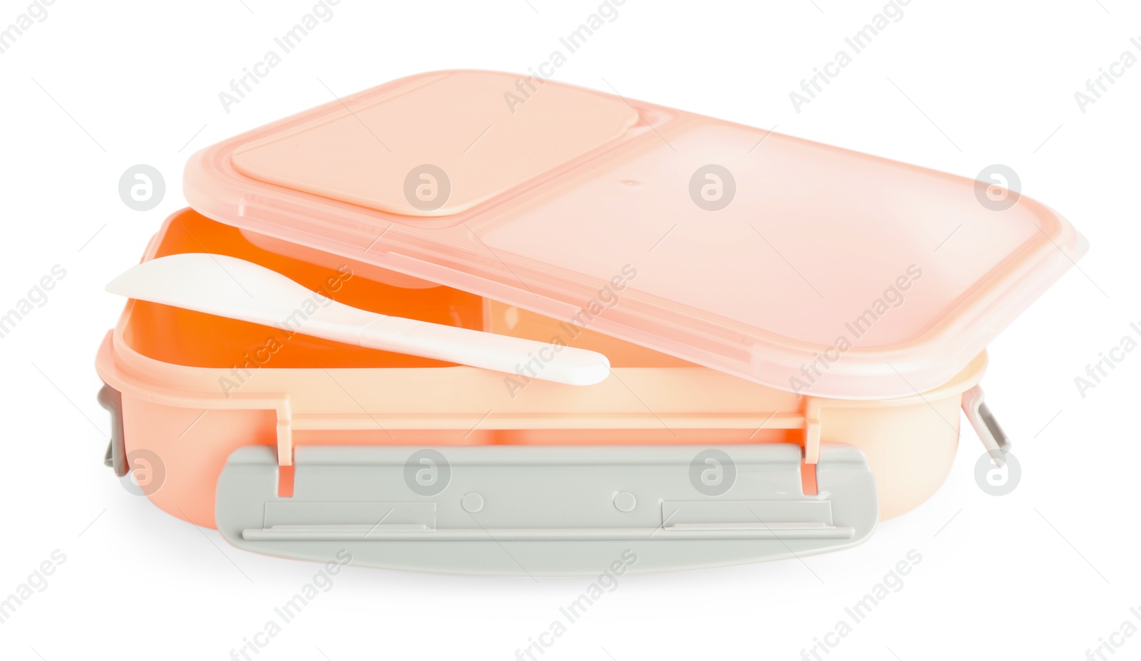 Photo of Plastic lunch box with knife and lid isolated on white