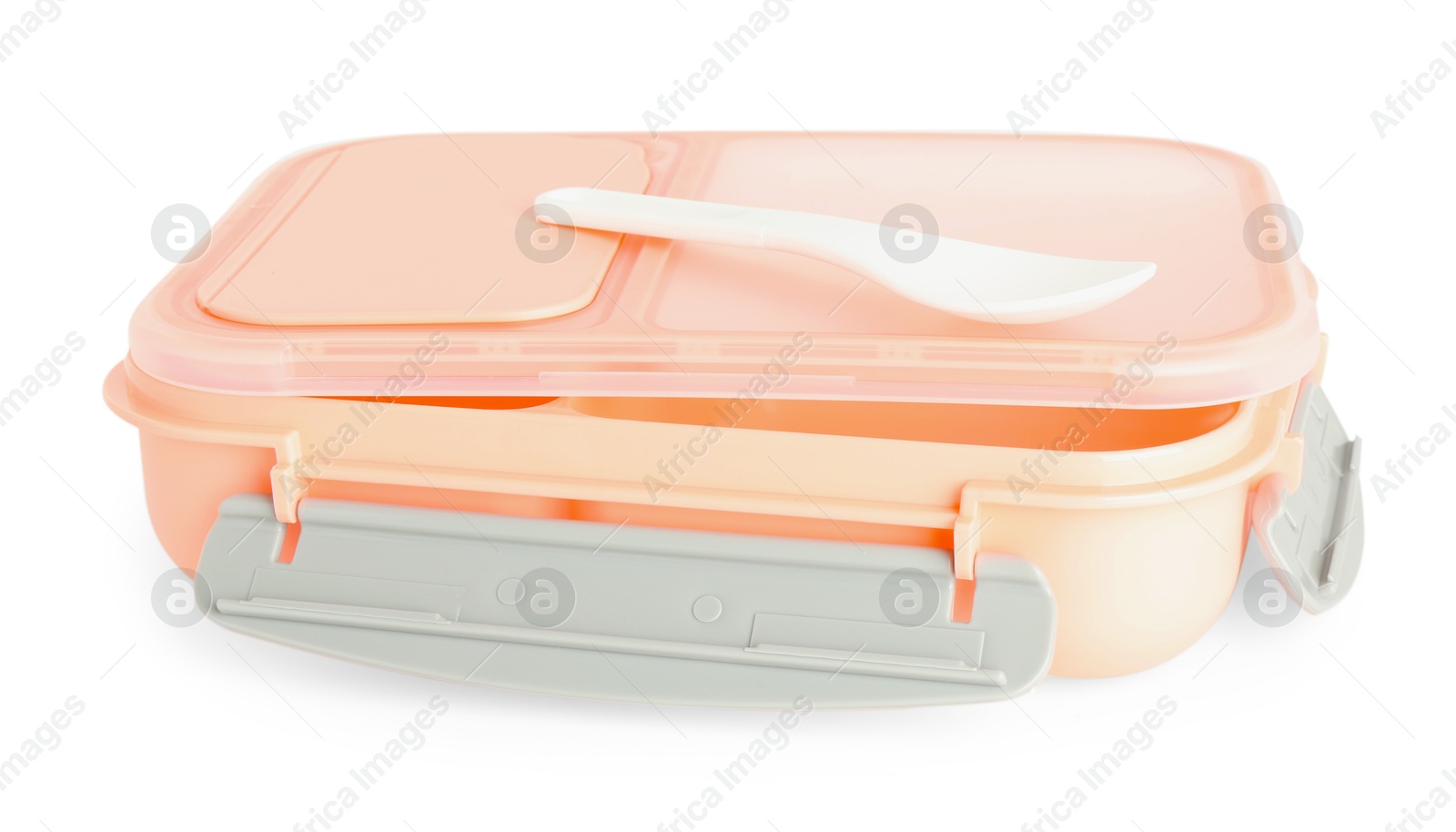 Photo of Plastic lunch box with knife and lid isolated on white